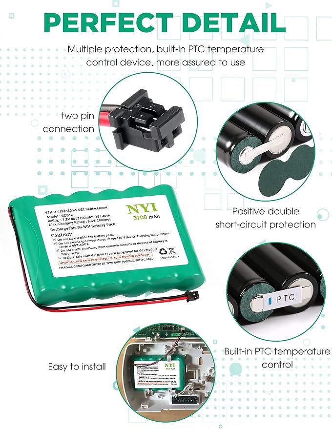 NYI Upgraded Replacement Battery with Tool for ADT SCW9057 SCW9055 and DSC Alarm System, 6PH-H-4/3A3600-S-D22 3700mAh 7.2V Rechargeable Ni-MH IMPASSA 9057 Control Panel (2 Pin Connector)