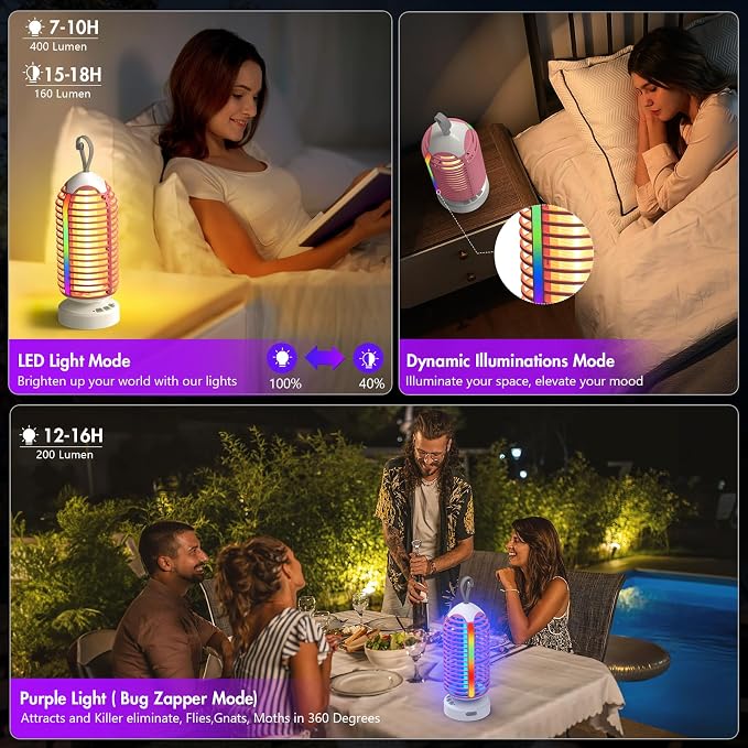 Bug Zapper Outdoor with Colorful Lighting and Auto-Sensing, 3 in 1 Cordless 4000mAh Battery Electric Fly Trap, Rechargeable Mosquito Zapper for Camping, Patios, Garden, Kitchen (2Pack-Pink)