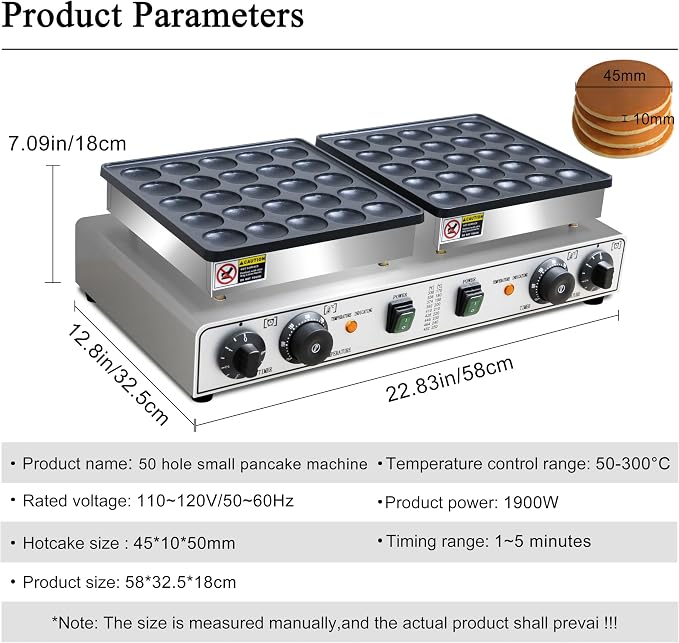 1900W Commercial 50PCS Mini Dutch Pancake Maker 110V, Dual-Zone Heating with Temp & Timer Control, Non-Stick Easy-Clean Teflon Plates, Heavy-Duty Stainless Steel Body for Home & Restaurant Use