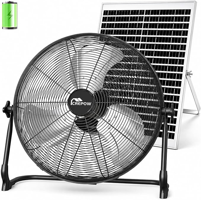 16" Solar Powered Floor Fan, Rechargeable Battery Operated Floor Fans with USB&Type C Output, 4-25H Runtime,Quiet Cordless Outdoor Fan for Outside Camping Greenhouse Shed Home Patio