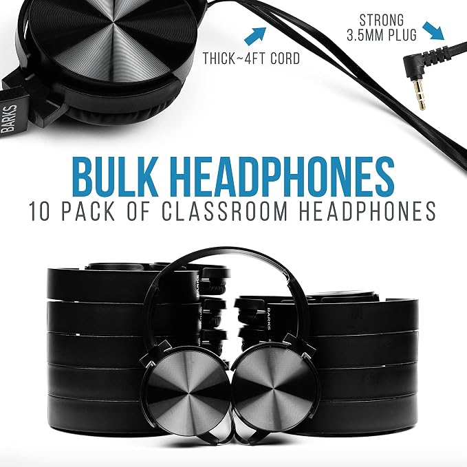 Barks Classroom Headphones Bulk 10 Pack (Select Black, On-Ear, Wired 3.5mm) | Durable Everyday Student Use, Tangle-Free Cords, Adjustable Fit All-Day Comfort, Clear Sound, Easy Clean, K-12 School Testing