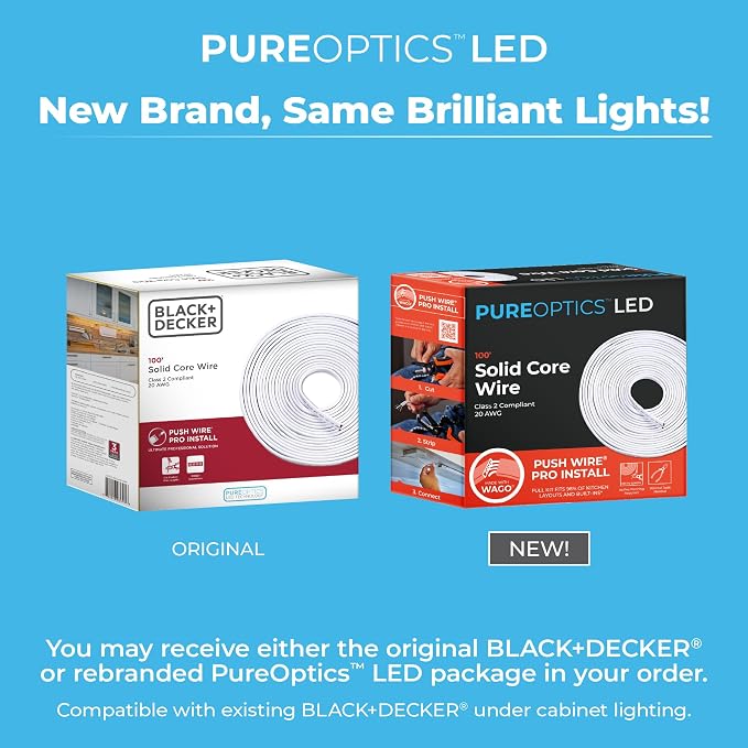 PureOptics LED Professional Push Wire 100' Jumper Wire Spool for Under Cabinet Lighting, Flat 5/6" or 8mm Cable, 4-Core CL2 Compliant, Non-Metallic, White