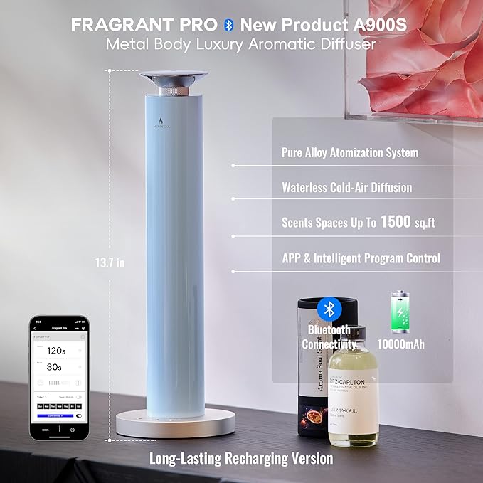 Waterless Scent Diffuser Starter Kit - Alloy Atomization System, Smart Rechargeable Hotel Scent Diffuser, 1500 Sq Ft Coverage, Including 6×15ml Essential Oils, for Home, Large Room, Spa, Pastel Blue