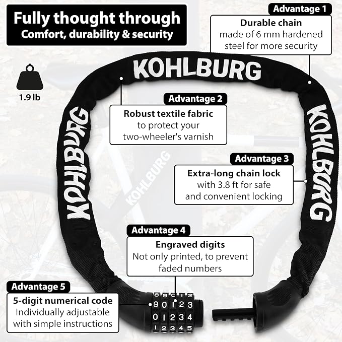 KOHLBURG Extra Long Bicycle Combination Lock - 3.8 ft Chain & 0.24” Strong Number Combination Bike Lock - Secure Chain Lock Almost 4 ft - Security 5-Digit Bike Lock Combo for Bicycle & e-Bike