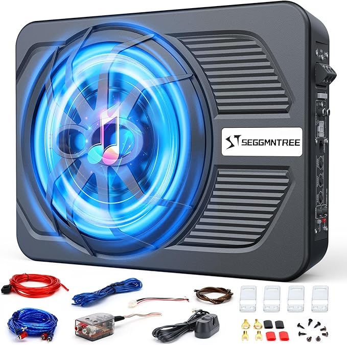 1000w Slim Under Seat Subwoofers with Amp,Car Subwoofer amp with Ambient Light,3.2" Height Amplified Subs High/Low Level Input for Car/Truck Audio,Powered Subwoofer and Amp Package Wire Kit Deep Bass