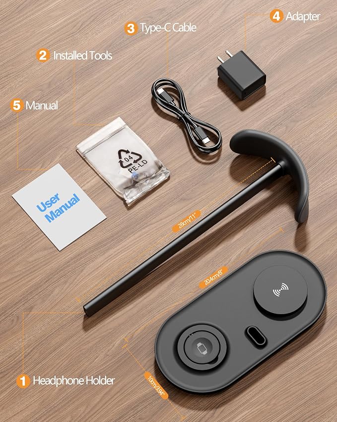 HiWe Headphone Stand, 2-in-1 Wireless Charger for iPhone/Apple Watch, Aluminum Alloy Rod, Minimalist Desk Organizer, Black