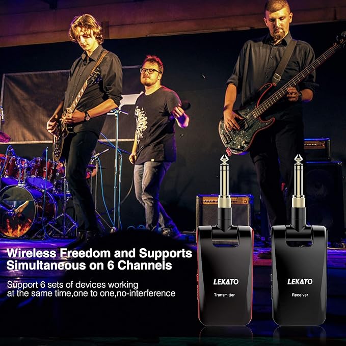 LEKATO Wireless Guitar System 2.4GHz Rechargeable Audio Wireless Transmitter Receiver 6 Channels for Guitar Bass Electric Instruments, Stereo and Mono 1/4” & 1/8” 2 in 1 Plugs,Black(WS-60)
