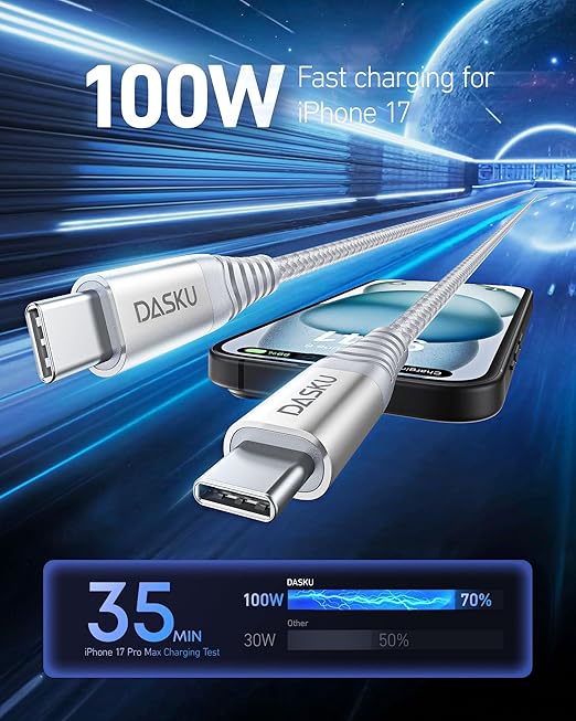 Dasku 15FT Extra Long USB C to USB C Cable 100W, Fast Charging Type C Charger Cord for iPhone 17 17 Pro Max, iPhone 16 Series, iPhone 15 Series, Galaxy S24 S23, MacBook, Car Play-Gery