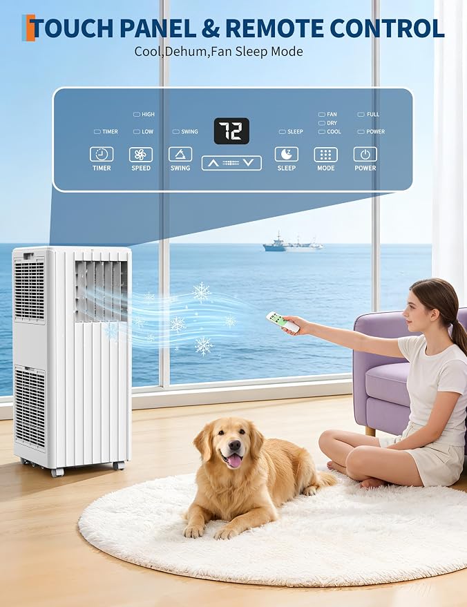 8000 BTU Portable Air Conditioner - 3 in-1 AC Unit Cools 350 Sq. Ft Rooms, Quiet 50 dB Operation w/Touch Control & Remote, Includes Window Kit & 24H Timer, Dehumidifier & Fan Modes for Bedroom, White