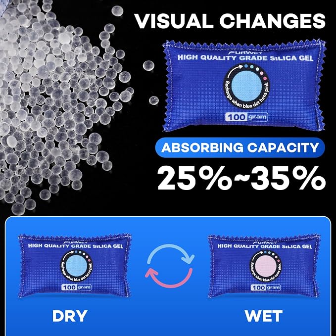 FURWEY 12 Pack Rechargeable Desiccant Packs, 100g Each, Blue, Color Indicating Silica Gel Dehumidifier Bags for Storage, Closets, Cars, Bins