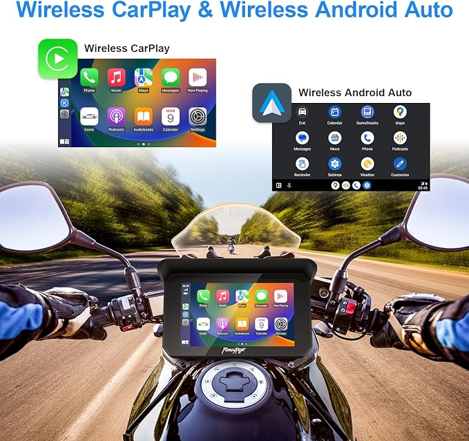2026 FancyTiger Portable 5" Wireless Motorcycle Carplay (Inculed 128G SD Card) with Android Auto Screen, HD Waterproof Touch Screen, TPMS, GPS Navigation System, G-Sensor, Duble Dash Cam/Camera