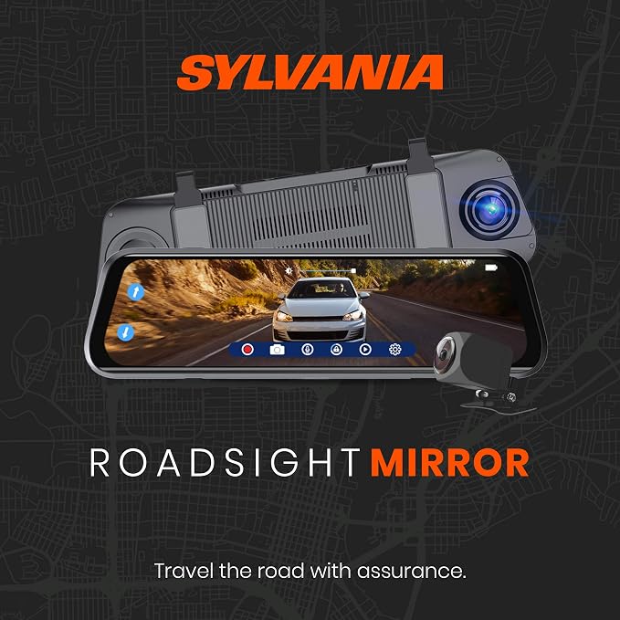 SYLVANIA - Roadsight Mirror Dash Camera and Backup Camera - 340 Degree View - HD 1080p, Elastic Mount, 32GB Memory Card, G-Sensor, 9.66" LED IPS Touch Screen, Truck, Car, Taxi
