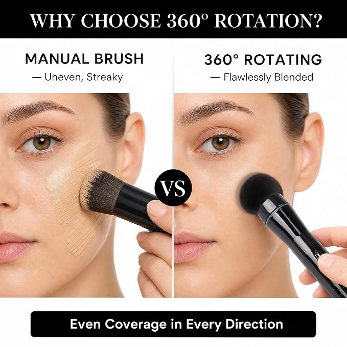 360° Rechargeable Rotating Makeup Brush Set, 5 Vegan Brush Heads, Electric Blending Face Brushes For Foundation, Blush, Powder, Bronzer, Contour, Highlight & Airbrush Finish, Flat Kabuki Brush