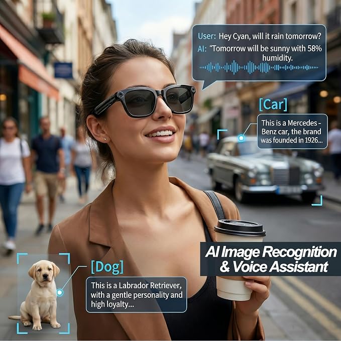 AI Smart Camera Glasses, 1080P HD POV Video Recording and Translator, Object Recognition, Bluetooth Audio for Music Calls, 290mAh Battery, Photochromic Lenses for Vlog, Travel and Work