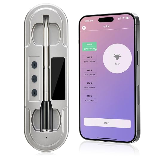 Wireless Meat Thermometer, Digital Cooking Thermometer with Smart Display Base, NIST-Certified 6-Sensor Precision, Sub-1G Connectivity, IPX8 Waterproof, App-Controlled for BBQ, Grills, Ovens, Smokers