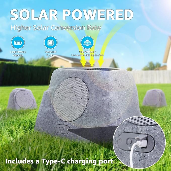 uuffoo 1-to-2 Solar Powered Rock Speakers Outdoor Water-Resistant IP44 Rock Speaker with Bass and USB Charging for Patio Pool Party Yard Garden Outside