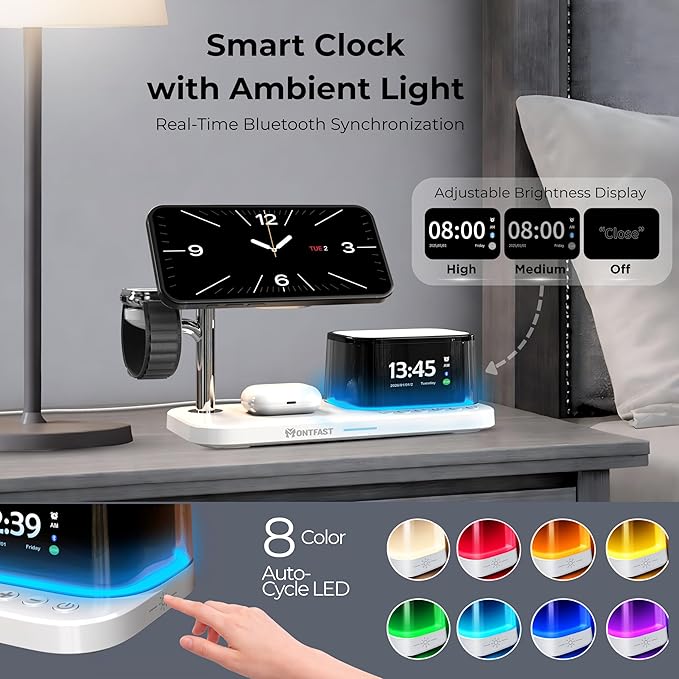 Qi2.2 25W Magnetic Wireless Charging Station, 5-in-1 Charger Stand with Bluetooth Speaker, Alarm Clock & Night Light for iPhone 12–17, Apple Watch, AirPods, Galaxy & Pixel (Qi)