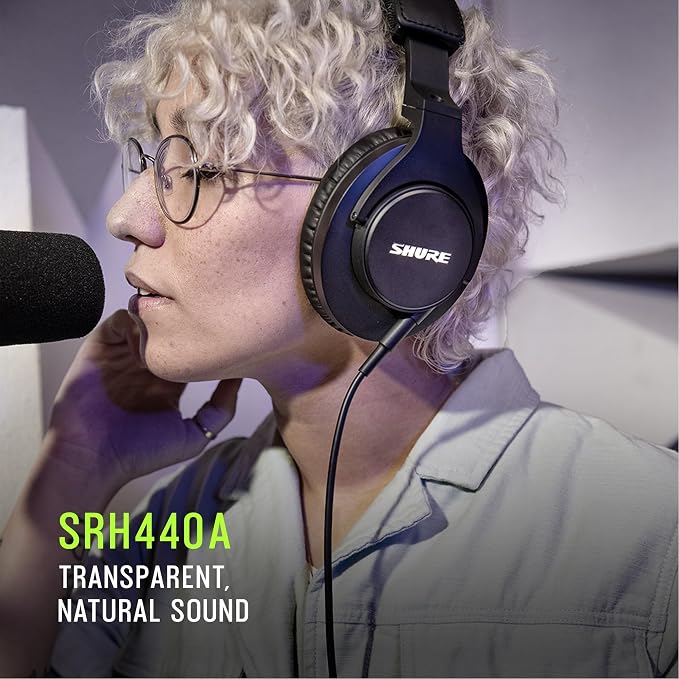 Shure SRH440A Over-Ear Wired Studio Headphones – Professional Monitoring & Recording Earphones with Accurate Frequency Response, Adjustable Collapsible Design, Black