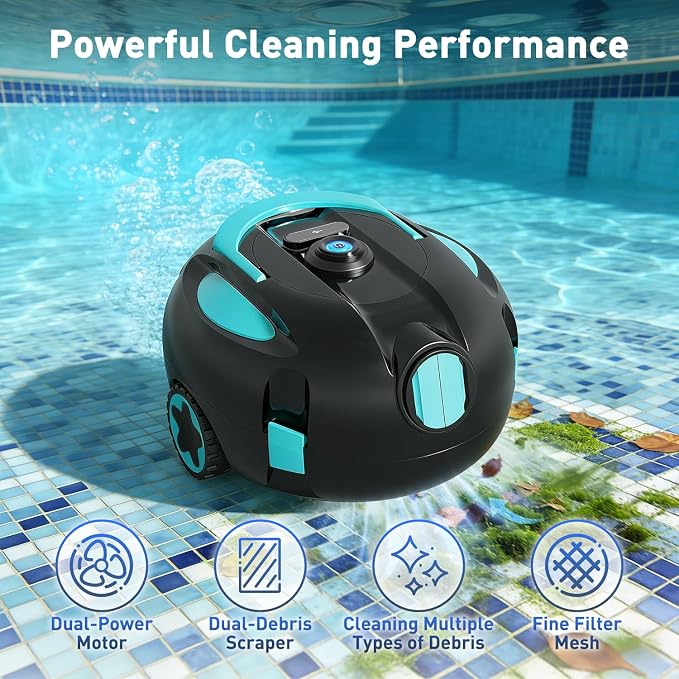 Cordless Pool Cleaner Robot, Robotic Pool Cleaner with Double Suction 40W,for Inground & Above Ground Pools,130 Mins Runtime,Lightweight, Auto-Parking (Blue)
