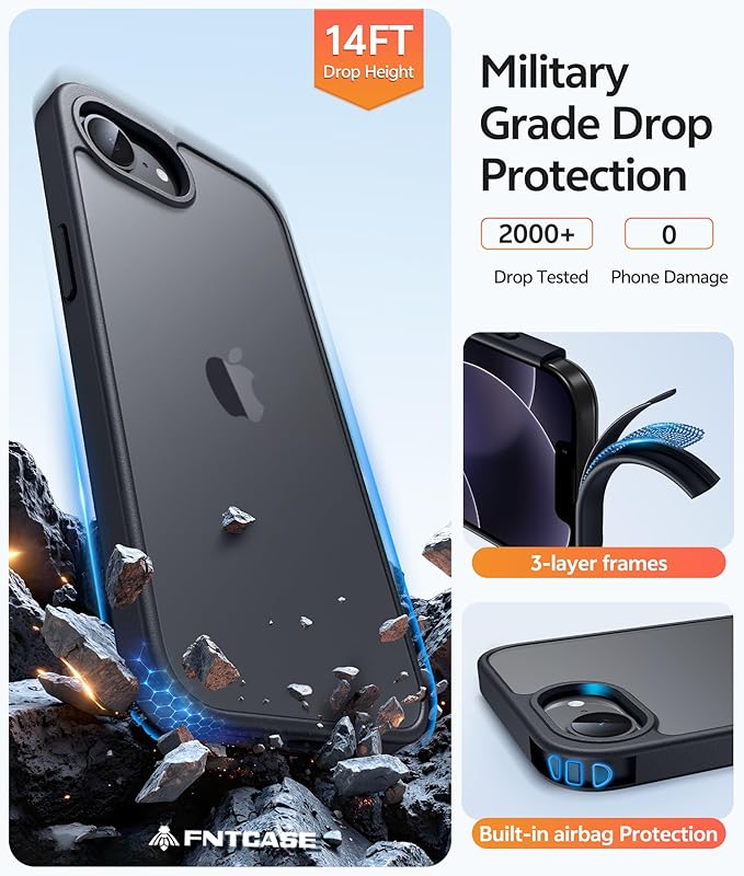 FNTCASE for iPhone 17e Case: iPhone 16e Phone Case [Compatible with Magsafe] Translucent Matte Cases with [Screen Protector] Military Grade Shockproof Protective Phone Cover - Matte Black