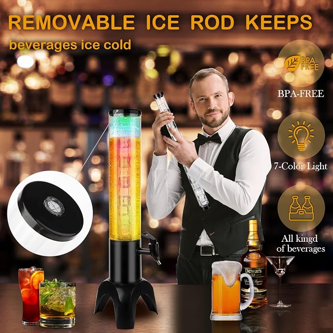 Beer Dispenser Margarita Tower, 50oz Mimosa Tower Dispenser with Ice Tube and LED Light, Tabletop Drink Tower Dispenser 1.6 qt for Beer, Margarita, Liquor, Beverage