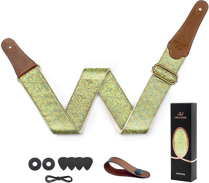 Guitar Strap, Electric& Acoustic Bass Guitar Straps,Embroidered Filament with Head Cowhide Leather Strap, with Free Strap Button,2 Guitar Strap Locks,4Guitar Pick (Yellow Flower)