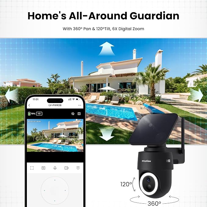 LaView 2K Solar Camera Outdoor Wireless, 100% Wire-Free WiFi Cameras for Home Security, 360° Rechargeable Battery Outdoor Camera, IP65, Color Night Vision, Two-Way Audio, Work with Alexa(4 Pack)