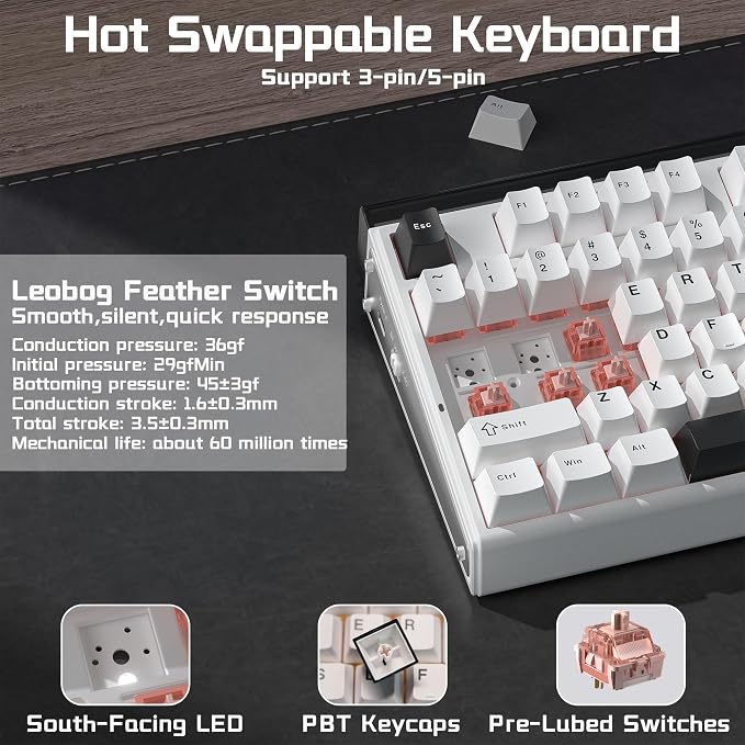 Aula H108 Wireless Mechanical Keyboard, Hot Swappable Silent Keyboard, Full Size Keyboard with Number Pad, Gasket Structure, RGB Backlit Computer Gaming Keyboard with PBT Keycaps for PC/Office
