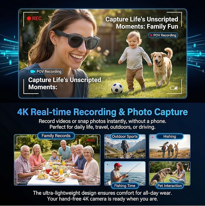 AI Smart Camera Glasses, 1080P HD POV Video Recording and Translator, Object Recognition, Bluetooth Audio for Music Calls, 290mAh Battery, Photochromic Lenses for Vlog, Travel and Work