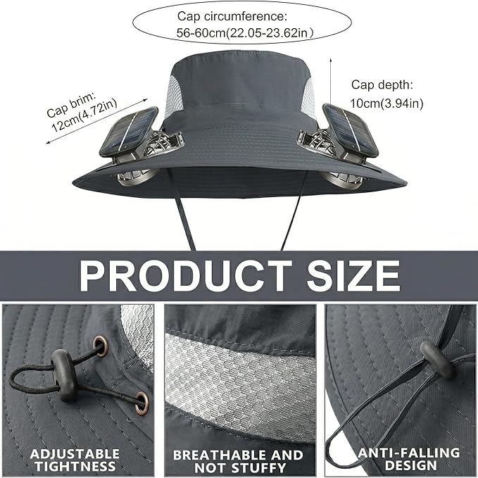 Outdoor Wide Brim Sun Hat with 2 Solar Powered Fan, Bucket Hat for Men Women, Fishing, Gardening & Beach Hat for Men