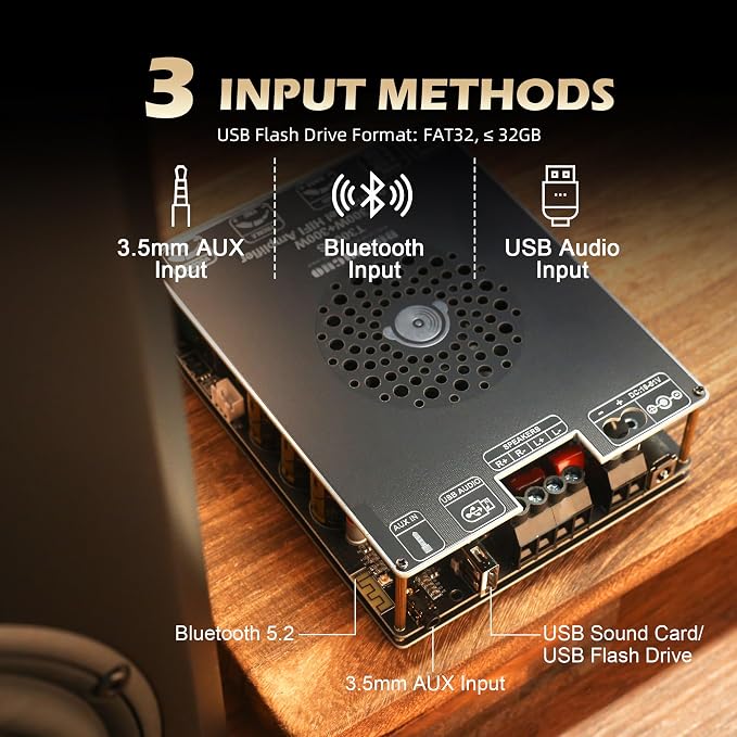 600W Audio Amplifier Board with Treble and Bass Control, TPA3255 Chips, DC 19-51V, Bluetooth 5.2 and AUX Inputs, 2.0 Channel Stereo AMP Board for DIY Wireless Speakers