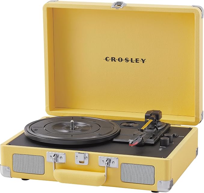 Crosley CR8005F-LY Cruiser Plus Vintage 3-Speed Bluetooth in/Out Suitcase Vinyl Record Player Turntable with Built-in Speakers, Lemon Yellow