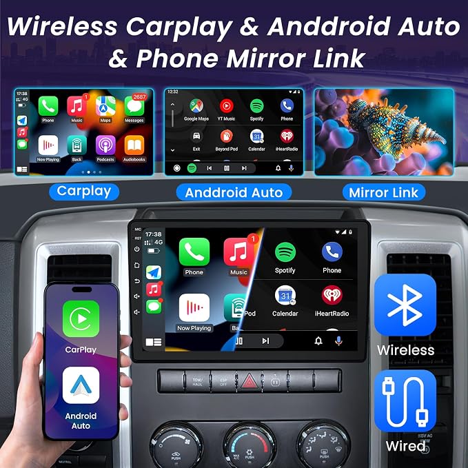 4core 2+64G Car Stereo for Dodge Ram 1500 2500 3500 Radio 2009-2012: 10.1 Inch 1280x800 Touchscreen Upgrade Bluetooth 5.0 Wireless CarPlay/Android Auto 5G WiFi GPS FM/RDS 1080P Backup Camera