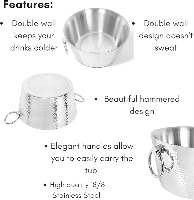 BIRDROCK HOME Hammered Stainless Steel Round Beverage Tub with Handles - Double Wall Insulated 3 Gallons - Metal Drink Cooler & Ice Bucket for Parties - Outdoor Aluminum Holder for Bottles & Soda