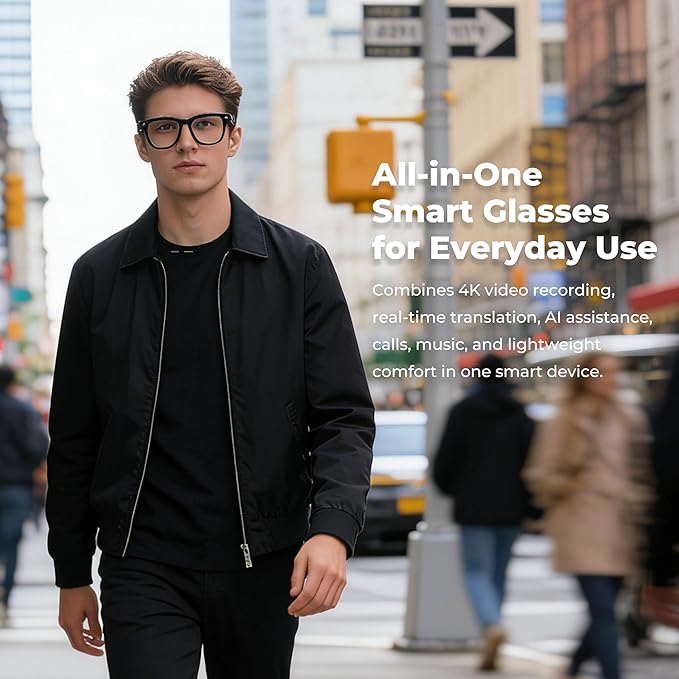 AI Smart Glasses with Camera, 8MP Photo & 4K Video, Real-Time Translation in 140+ Languages, Voice Assistant, Object Recognition, Bluetooth/WiFi, Blue Light Glasses for Travel, Meetings, Vlogging