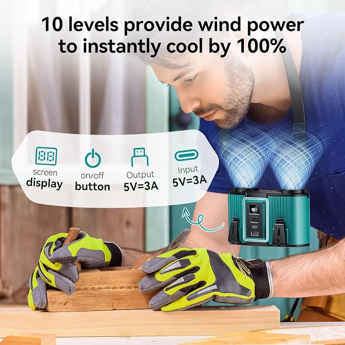Doublepow 12000mAh Portable Waist Fan, Personal Waist Fan, Dual Air Ducts Motors, USB Rechargeable Clip On Belt for Working, 10 Speeds & 23H Wearable Neck Cooling, for Outdoor, Work, Travel (Blue)