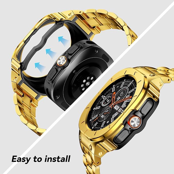 BAITEYOU Stainless Steel Bands with Case Compatible with Samsung Galaxy Watch Ultra 2/1 47mm (2025 2024), Rugged Protector Cover Metal Band for Galaxy Watch 7 8 Ultra for Men (Gold)