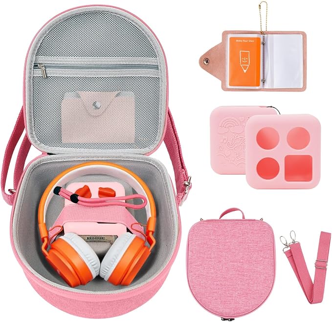 Hard Case Compatible with Yoto Mini (2024 Edition), 3-in-1 Travel Bundle: Silicone Cover + Case with Shoulder Strap (Fits Mini Player & Headphones) + Up to 10 Card Holder for YOTO Cards (Pink)