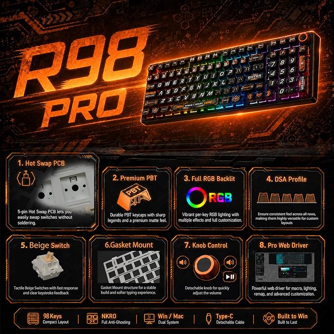 RK ROYAL KLUDGE R98 Pro Wired Mechanical Keyboard, RGB PC Gaming Keyboard with Number Pad and Volume Knob, dye Sublimation DSA Profile Pudding Keycaps, for Win/MAC, Hot Swappable Tactile Beige Switch