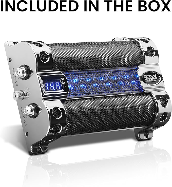 BOSS Audio Systems CAP8 Car Capacitor - 8 Farad, Energy Storage, Enhanced Bass From Stereo, Warning Reverse Polarity Tone, Voltage Overload Low Battery Voltage Led