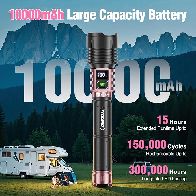 WdtPro Rechargeable LED Flashlights High Lumens, Super Bright 90000LM Rechargeable Flashlight with LCD Display, 5 Modes & Waterproof Powerful 10000mAh Handheld Flashlight for Camping Emergency Pink