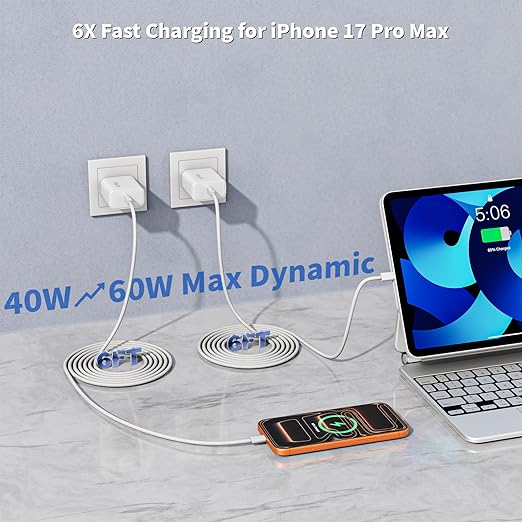 iPhone 17 16 15 Charger,2Pack 40W Dynamic Power Adapter with 60W Max,USB C Fast Charger Block 6FT Type C Woven Charging Cable Cord for iPhone 17 Pro Max/17 Pro/Air/17/16/16 Pro Max/15 Pro,iPad Pro/Air