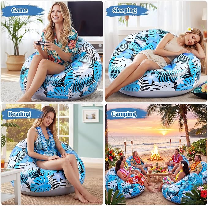 Capoda 1 Pack Hawaiian Inflatable Chair with Electric Air Pump, Tropical Leaf Blow Up Sofa for Adults, Portable PVC Lounge Seat for Beach Pool Camping Dorm Reading Gaming Travel Indoor Outdoor, Blue