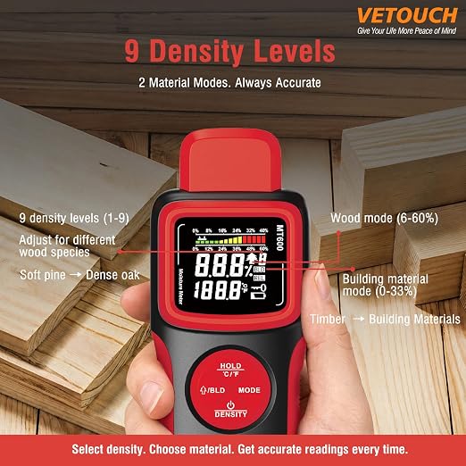 2 in 1 Pin & Pinless Wood Moisture Meter, Digital Moisture Detector with LCD Display & Alarm, Temperature Humidity Tester for Wood, Building Materials, Firewood, Walls, Floors, Home Renovation