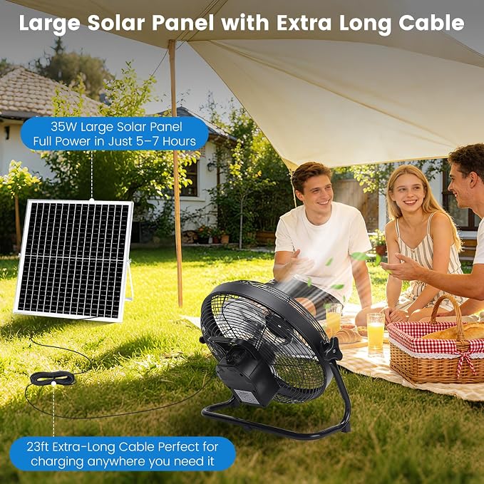 12'' Solar Powered Fan with 35W Solar Panel, Rechargeable Battery Operated Floor Fan with 23FT Cable, Cordless Portable Outdoor Fans for Home, Camping, Chicken Coop, Greenhouse, Power Outages