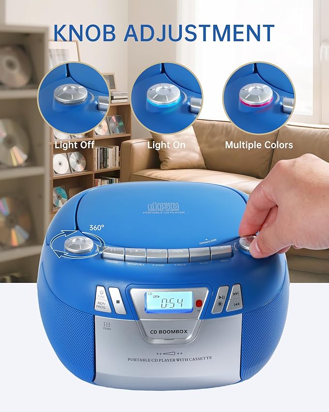 Boombox CD Player with Bluetooth and Cassette Player | Portable AM/FM Radio, MP3/USB/AUX Input, Stereo Sound System with Recorder, AC & Battery Powered for Home & Outdoor