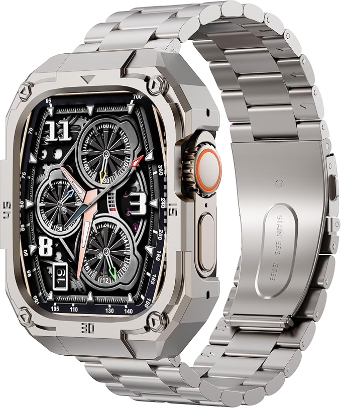 Casual Stainless Steel Watch Case with Band Compatible with Apple Watch Series 11 10 46mm Band for Men,Metal Protective Bumper Cover iwatch Band with Strap,Titanium