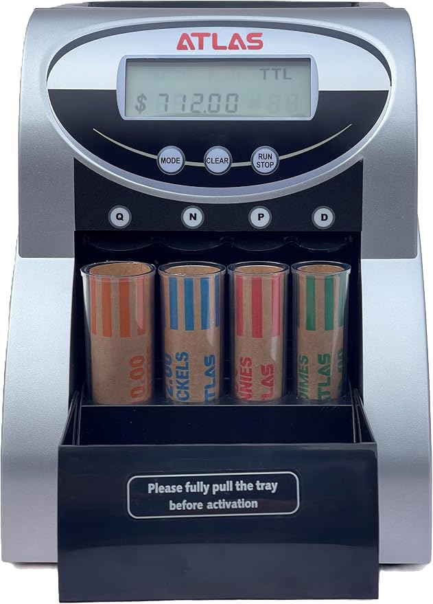 ATLAS Automatic Coin Counter and Coin Sorter with Digital Display (AC-150D) - 5 Coin Counting Modes: Total, Pennies, Nickels, Dimes, Quarters. Auto-Stop When Coin Roller is Full. | Quickly counts and sorts 3 rolls of coins per minute