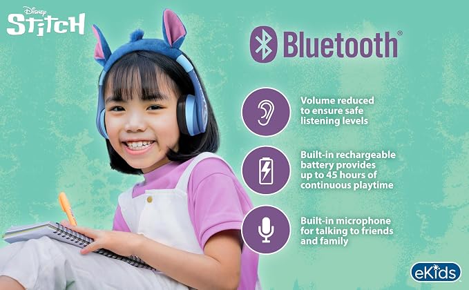 Disney Stitch Bluetooth Headphones for Kids, Wireless Headphones for School | Volume Reduced and Built-in Microphone