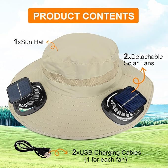 Solar Fan Hat Wide Brim Sun Hat with 2 Solar Fan, Solar Powered & USB Charging Hat Fishing Hat with Fan for Men